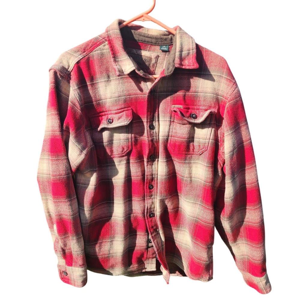 Orvis Classic Collection Mens Red Tan Plaid Flannel Shirt L Cotton Fleece Collar